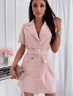 Women's Elegant Dress Mini Dress With Belt Double Breasted Vacation Elegant V Neck Short Sleeve Black White Pink Color Women Work Dresses
