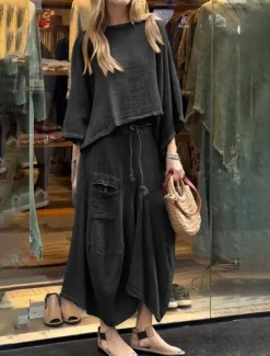 Clearance Women's Elegant Fashion Basic Pants Sets Long Sleeve Round Neck Solid Color Outdoor Work Casual Black White Yellow Summer Regular Fit Women Sets