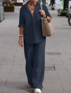 New Women's Elegant Fashion Basic Shirt Cotton Linen Sets Two Piece Sets Pants Trousers Long Sleeve Shirt Collar Solid Color Casual Daily Pink Dark Navy Blue Fall & Winter Regular Fit Women Sets