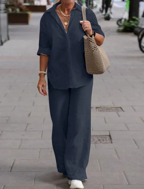 New Women's Elegant Fashion Basic Shirt Cotton Linen Sets Two Piece Sets Pants Trousers Long Sleeve Shirt Collar Solid Color Casual Daily Pink Dark Navy Blue Fall & Winter Regular Fit Women Sets