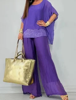 Outlet Women's Elegant Fashion Blouse Pants Trousers 3/4 Length Sleeve Round Neck Solid Color Sequins Mesh Work Daily Black Purple Brown Summer Loose Fit Women Two Piece Sets