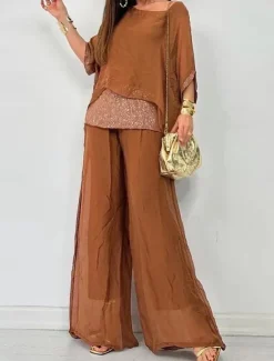 Outlet Women's Elegant Fashion Blouse Pants Trousers 3/4 Length Sleeve Round Neck Solid Color Sequins Mesh Work Daily Black Purple Brown Summer Loose Fit Women Two Piece Sets