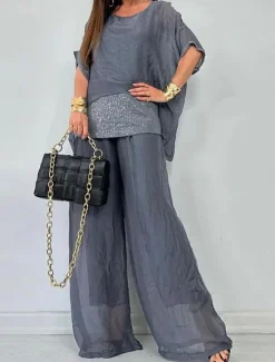 Outlet Women's Elegant Fashion Blouse Pants Trousers 3/4 Length Sleeve Round Neck Solid Color Sequins Mesh Work Daily Black Purple Brown Summer Loose Fit Women Two Piece Sets