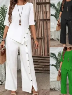 Discount Women's Elegant Fashion Streetwear Pants Sets Half Sleeve Round Neck Solid Color Patchwork Casual Daily Black White Green Summer Regular Fit Women Two Piece Sets