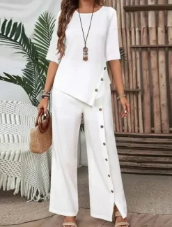 Discount Women's Elegant Fashion Streetwear Pants Sets Half Sleeve Round Neck Solid Color Patchwork Casual Daily Black White Green Summer Regular Fit Women Two Piece Sets
