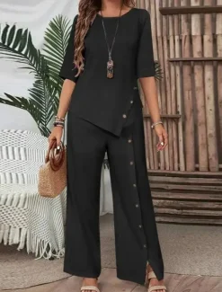 Discount Women's Elegant Fashion Streetwear Pants Sets Half Sleeve Round Neck Solid Color Patchwork Casual Daily Black White Green Summer Regular Fit Women Two Piece Sets