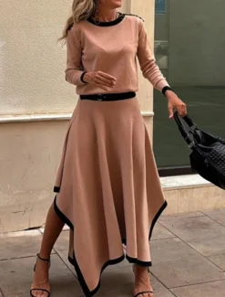 Sale Women's Elegant Fashion Streetwear Blouse Skirt Long Sleeve Crew Neck Solid Color Formal Party Work Black White Brown Spring Loose Fit Women Two Piece Sets