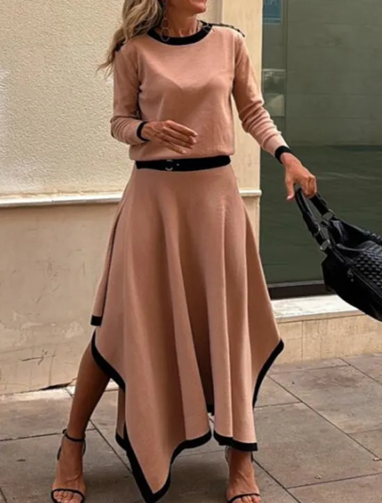 Sale Women's Elegant Fashion Streetwear Blouse Skirt Long Sleeve Crew Neck Solid Color Formal Party Work Black White Brown Spring Loose Fit Women Two Piece Sets