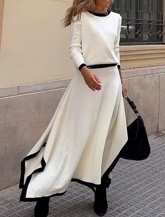 Sale Women's Elegant Fashion Streetwear Blouse Skirt Long Sleeve Crew Neck Solid Color Formal Party Work Black White Brown Spring Loose Fit Women Two Piece Sets