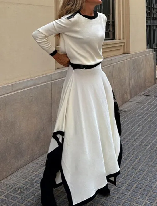 Sale Women's Elegant Fashion Streetwear Blouse Skirt Long Sleeve Crew Neck Solid Color Formal Party Work Black White Brown Spring Loose Fit Women Two Piece Sets