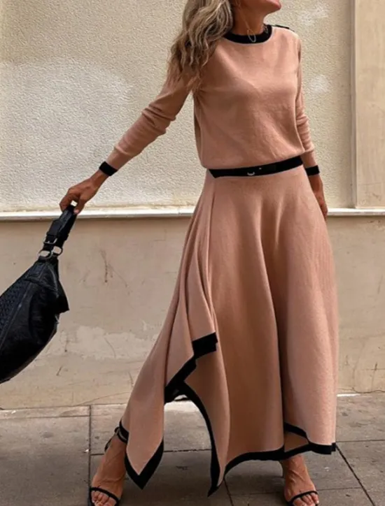 Sale Women's Elegant Fashion Streetwear Blouse Skirt Long Sleeve Crew Neck Solid Color Formal Party Work Black White Brown Spring Loose Fit Women Two Piece Sets