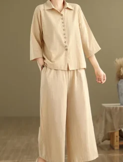 New Women's Elegant Fashion Streetwear Cotton Linen Sets 3/4 Length Sleeve Shirt Collar Solid Color Outdoor Work Casual Orange Brown Khaki Summer Regular Fit Women Sets