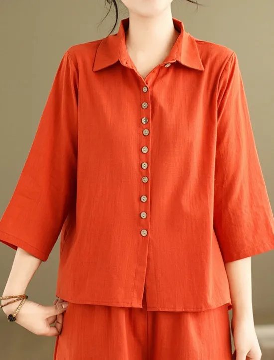New Women's Elegant Fashion Streetwear Cotton Linen Sets 3/4 Length Sleeve Shirt Collar Solid Color Outdoor Work Casual Orange Brown Khaki Summer Regular Fit Women Sets