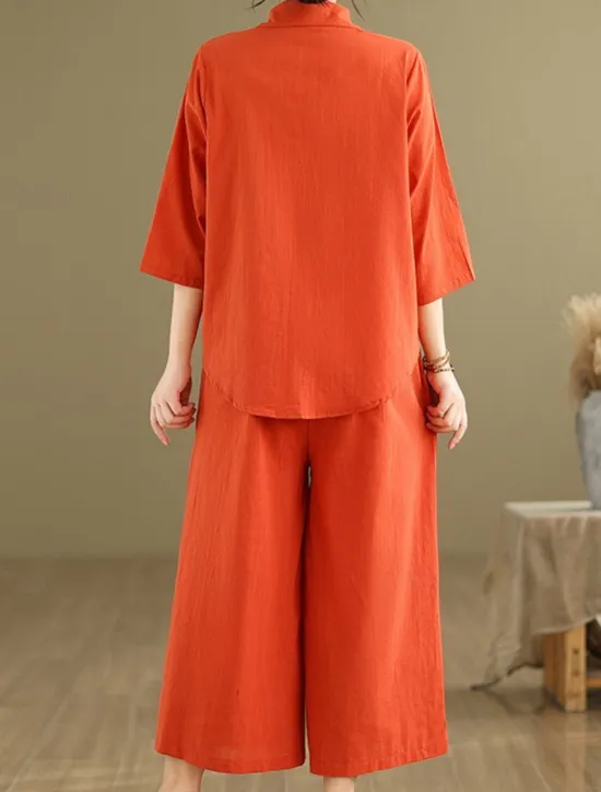 New Women's Elegant Fashion Streetwear Cotton Linen Sets 3/4 Length Sleeve Shirt Collar Solid Color Outdoor Work Casual Orange Brown Khaki Summer Regular Fit Women Sets