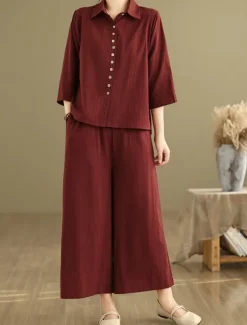New Women's Elegant Fashion Streetwear Cotton Linen Sets 3/4 Length Sleeve Shirt Collar Solid Color Outdoor Work Casual Orange Brown Khaki Summer Regular Fit Women Sets