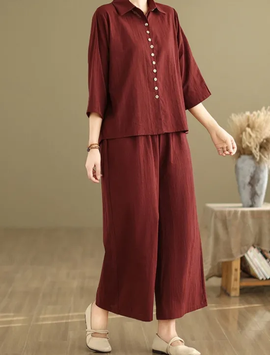 New Women's Elegant Fashion Streetwear Cotton Linen Sets 3/4 Length Sleeve Shirt Collar Solid Color Outdoor Work Casual Orange Brown Khaki Summer Regular Fit Women Sets