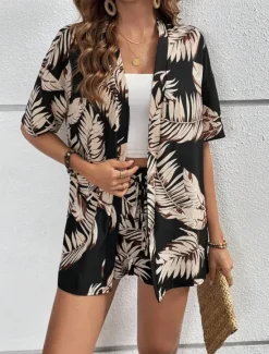 Online Women's Elegant Fashion Streetwear Shirt Blouse Baggy Shorts Half Sleeve V Neck Graphic Print Outdoor Work Casual Black Brown Green Summer Regular Fit Women Two Piece Sets