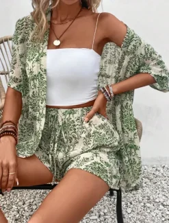 Online Women's Elegant Fashion Streetwear Shirt Blouse Baggy Shorts Half Sleeve V Neck Graphic Print Outdoor Work Casual Black Brown Green Summer Regular Fit Women Two Piece Sets