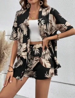 Online Women's Elegant Fashion Streetwear Shirt Blouse Baggy Shorts Half Sleeve V Neck Graphic Print Outdoor Work Casual Black Brown Green Summer Regular Fit Women Two Piece Sets