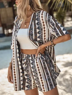 Online Women's Elegant Fashion Streetwear Shirt Blouse Baggy Shorts Half Sleeve V Neck Graphic Print Outdoor Work Casual Black Brown Green Summer Regular Fit Women Two Piece Sets
