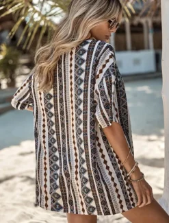 Online Women's Elegant Fashion Streetwear Shirt Blouse Baggy Shorts Half Sleeve V Neck Graphic Print Outdoor Work Casual Black Brown Green Summer Regular Fit Women Two Piece Sets