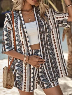 Online Women's Elegant Fashion Streetwear Shirt Blouse Baggy Shorts Half Sleeve V Neck Graphic Print Outdoor Work Casual Black Brown Green Summer Regular Fit Women Two Piece Sets