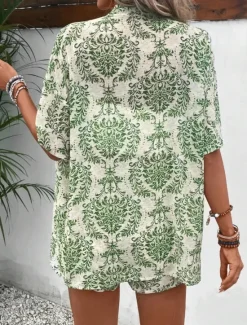 Online Women's Elegant Fashion Streetwear Shirt Blouse Baggy Shorts Half Sleeve V Neck Graphic Print Outdoor Work Casual Black Brown Green Summer Regular Fit Women Two Piece Sets
