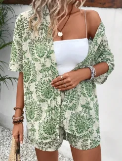 Online Women's Elegant Fashion Streetwear Shirt Blouse Baggy Shorts Half Sleeve V Neck Graphic Print Outdoor Work Casual Black Brown Green Summer Regular Fit Women Two Piece Sets