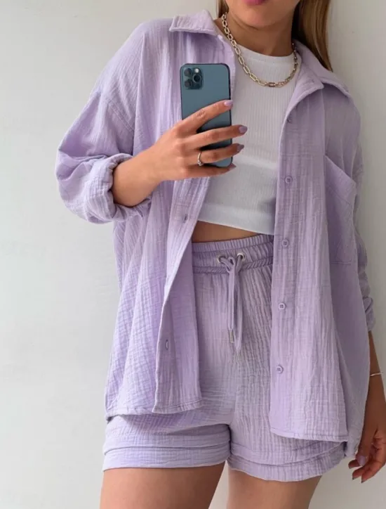 Outlet Women's Elegant Fashion Streetwear Cotton Linen Sets Long Sleeve Shirt Collar Solid Color Outdoor Work Casual Black Purple Orange Summer Loose Fit Women Two Piece Sets