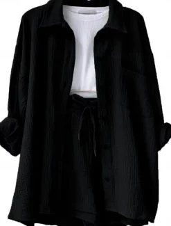 Outlet Women's Elegant Fashion Streetwear Cotton Linen Sets Long Sleeve Shirt Collar Solid Color Outdoor Work Casual Black Purple Orange Summer Loose Fit Women Two Piece Sets