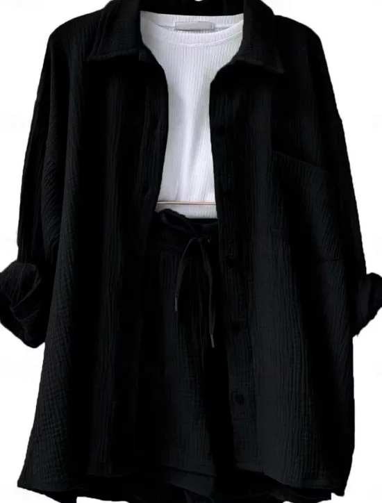 Outlet Women's Elegant Fashion Streetwear Cotton Linen Sets Long Sleeve Shirt Collar Solid Color Outdoor Work Casual Black Purple Orange Summer Loose Fit Women Two Piece Sets