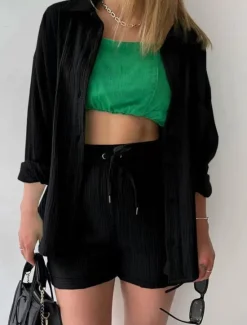 Outlet Women's Elegant Fashion Streetwear Cotton Linen Sets Long Sleeve Shirt Collar Solid Color Outdoor Work Casual Black Purple Orange Summer Loose Fit Women Two Piece Sets