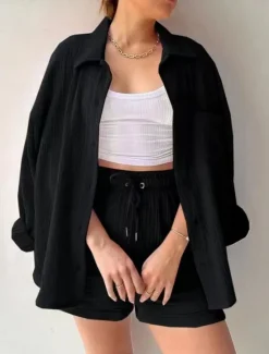 Outlet Women's Elegant Fashion Streetwear Cotton Linen Sets Long Sleeve Shirt Collar Solid Color Outdoor Work Casual Black Purple Orange Summer Loose Fit Women Two Piece Sets
