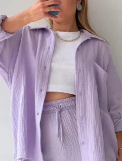 Outlet Women's Elegant Fashion Streetwear Cotton Linen Sets Long Sleeve Shirt Collar Solid Color Outdoor Work Casual Black Purple Orange Summer Loose Fit Women Two Piece Sets