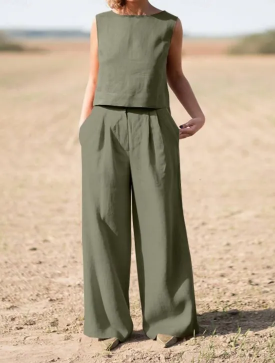 Hot Women's Elegant Fashion Streetwear Shirt Blouse Sleeveless Crew Neck Solid Color Outdoor Work Casual Navy Blue Orange Green Summer Loose Fit Women Sets|Two Piece Sets