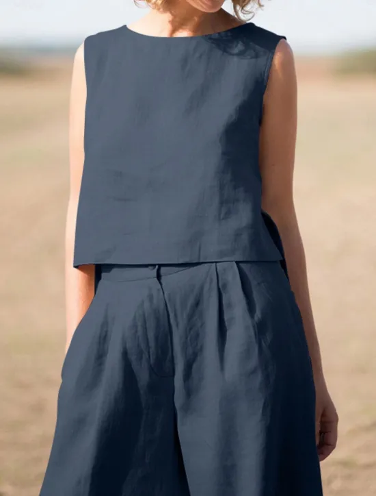 Hot Women's Elegant Fashion Streetwear Shirt Blouse Sleeveless Crew Neck Solid Color Outdoor Work Casual Navy Blue Orange Green Summer Loose Fit Women Sets|Two Piece Sets