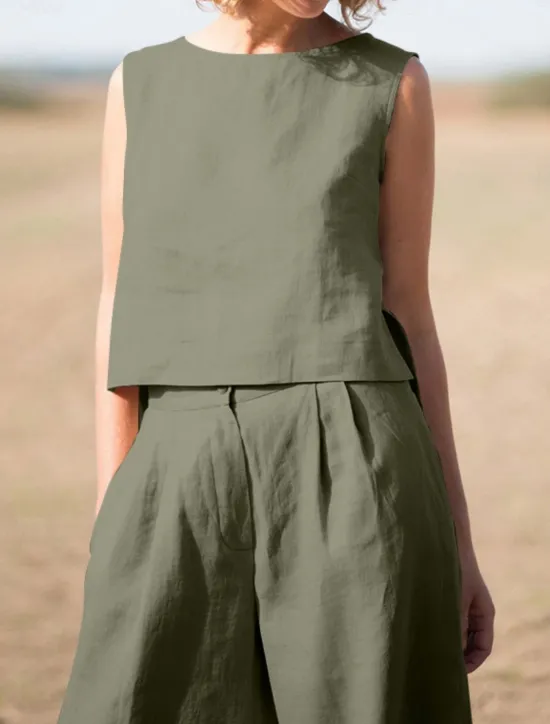 Hot Women's Elegant Fashion Streetwear Shirt Blouse Sleeveless Crew Neck Solid Color Outdoor Work Casual Navy Blue Orange Green Summer Loose Fit Women Sets|Two Piece Sets