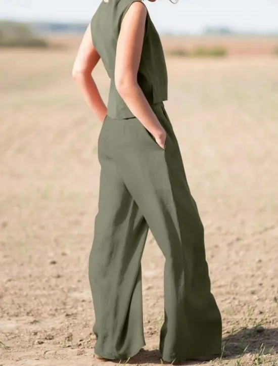 Hot Women's Elegant Fashion Streetwear Shirt Blouse Sleeveless Crew Neck Solid Color Outdoor Work Casual Navy Blue Orange Green Summer Loose Fit Women Sets|Two Piece Sets