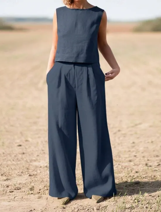 Hot Women's Elegant Fashion Streetwear Shirt Blouse Sleeveless Crew Neck Solid Color Outdoor Work Casual Navy Blue Orange Green Summer Loose Fit Women Sets|Two Piece Sets