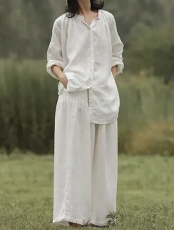 Discount Women's Elegant Fashion Streetwear Cotton Linen Sets Long Sleeve Shirt Collar Plain Outdoor Work Casual Summer Regular Fit Women Sets