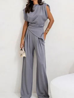 New Women's Elegant Fashion Streetwear Pants Sets Sleeveless Crew Neck Solid Color Ruched Formal Casual Daily Dark Grey White Khaki Summer Regular Fit Women Two Piece Sets