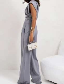 New Women's Elegant Fashion Streetwear Pants Sets Sleeveless Crew Neck Solid Color Ruched Formal Casual Daily Dark Grey White Khaki Summer Regular Fit Women Two Piece Sets