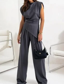 New Women's Elegant Fashion Streetwear Pants Sets Sleeveless Crew Neck Solid Color Ruched Formal Casual Daily Dark Grey White Khaki Summer Regular Fit Women Two Piece Sets