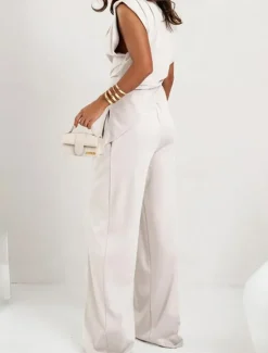 New Women's Elegant Fashion Streetwear Pants Sets Sleeveless Crew Neck Solid Color Ruched Formal Casual Daily Dark Grey White Khaki Summer Regular Fit Women Two Piece Sets