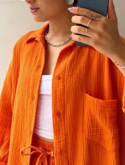 New Women's Elegant Fashion Streetwear Shirt Blouse Baggy Shorts Long Sleeve Shirt Collar Solid Color Ruched Outdoor Work Casual Orange Green Khaki Summer Loose Fit Women Two Piece Sets