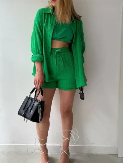 New Women's Elegant Fashion Streetwear Shirt Blouse Baggy Shorts Long Sleeve Shirt Collar Solid Color Ruched Outdoor Work Casual Orange Green Khaki Summer Loose Fit Women Two Piece Sets