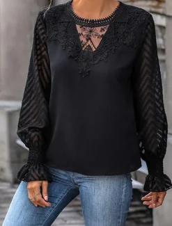 Clearance Women's Elegant Lace Tops Eyelet Blouse Casual Solid Color Regular Tops Long Sleeve Crew Neck Lace Patchwork Regular Fit Daily Romantic Petite Tops Summer Holiday Wear Women Lace Tops