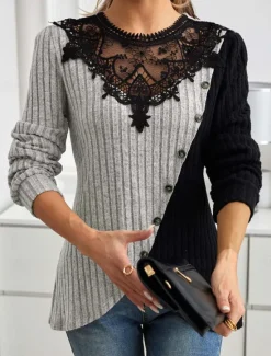 Women's Elegant Lace Tops Eyelet Blouse Stylish Modern Lace Long Sleeve Regular Tops Crew Neck Work Daily Romantic Petite Tops Summer Holiday Wear Black Spring Fall Winter Women Lace Tops