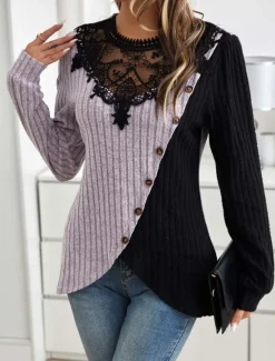 Women's Elegant Lace Tops Eyelet Blouse Stylish Modern Lace Long Sleeve Regular Tops Crew Neck Work Daily Romantic Petite Tops Summer Holiday Wear Black Spring Fall Winter Women Lace Tops