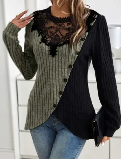 Women's Elegant Lace Tops Eyelet Blouse Stylish Modern Lace Long Sleeve Regular Tops Crew Neck Work Daily Romantic Petite Tops Summer Holiday Wear Black Spring Fall Winter Women Lace Tops